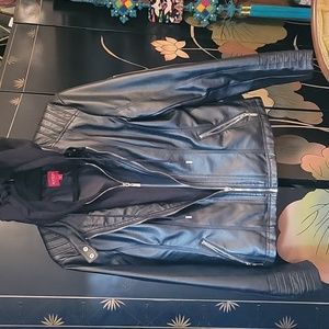 Good looking faux leather moto hoodie jacket never worn fits size 8-10